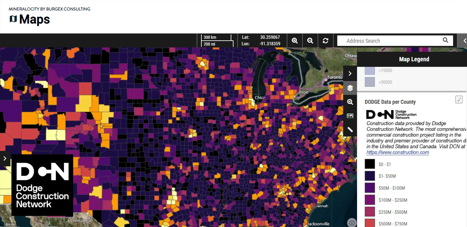 Screenshot of Mineralocity Aggregates data including Dodge Construction Network dataset for construction spending by county in the United States.